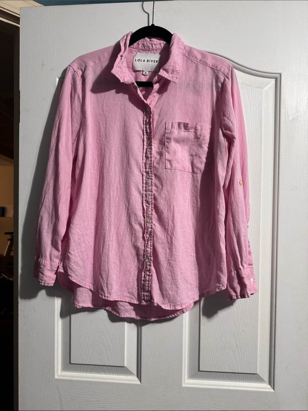 Lola River Linen Blend Button Down Shirt Medium Pink Coastal Travel Resortwear